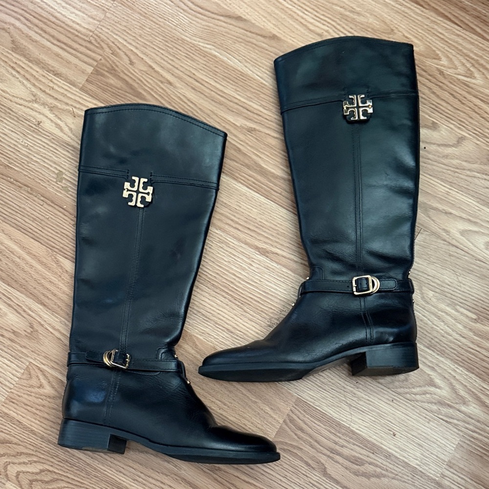 Tory Burch Black Leather Riding Boots with Gold Accents